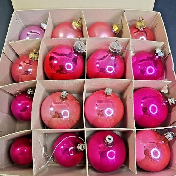Pink Christmas Baubles 16pcs Various Sizes Vintage Germany Poland Ornaments - Picture 1 of 15